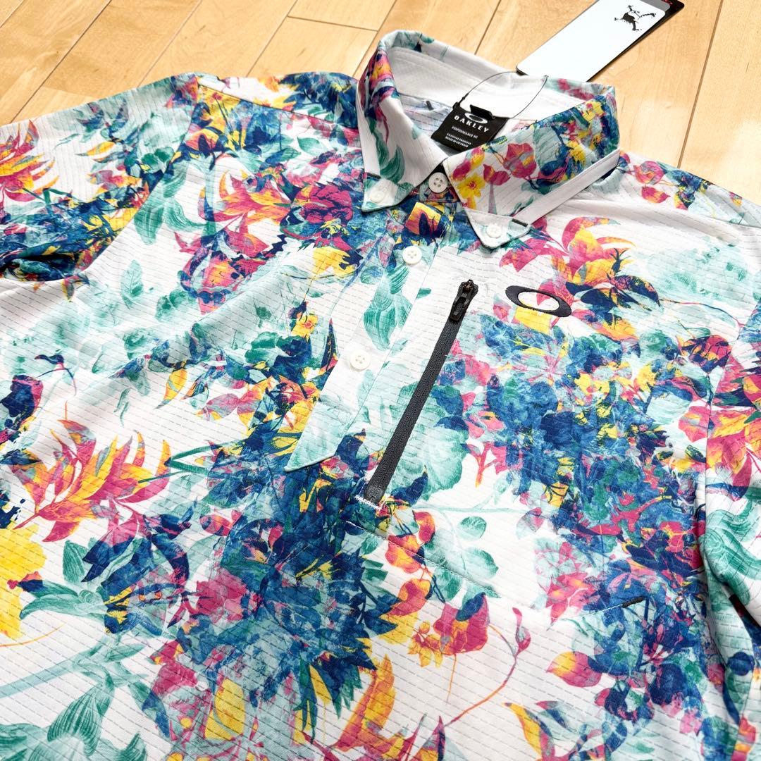 新品 タグ付 オークリー スカル ゴルフ ポロシャツ 花柄 総柄 メッシュ L