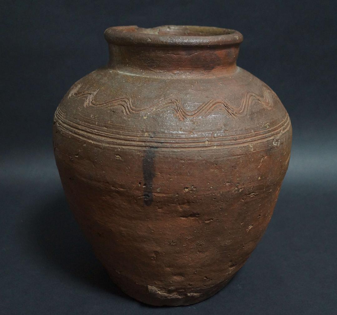 古備前 波状文壺 種壺 花器/花瓶/花生/飾壷/古陶/焼物 重3.5kg 茶道具