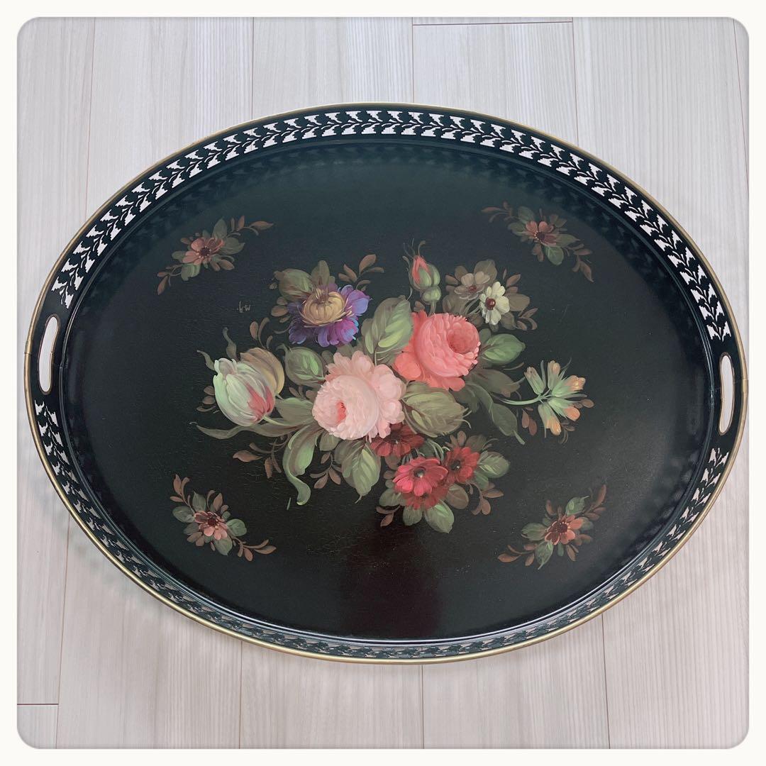 フランスヴィンテージ　薔薇ハンドペイント　OVトレイ　鋳物