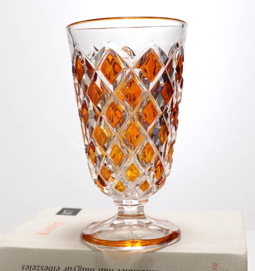 オールド・バカラ 最高級 琥珀色被せ ディアマン・カレ 大型 花瓶 アンバー色