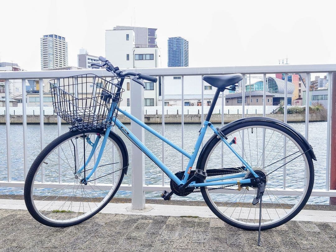 あさひアフィッシュS 27インチ 水色 シティサイクル 前バスケット付き