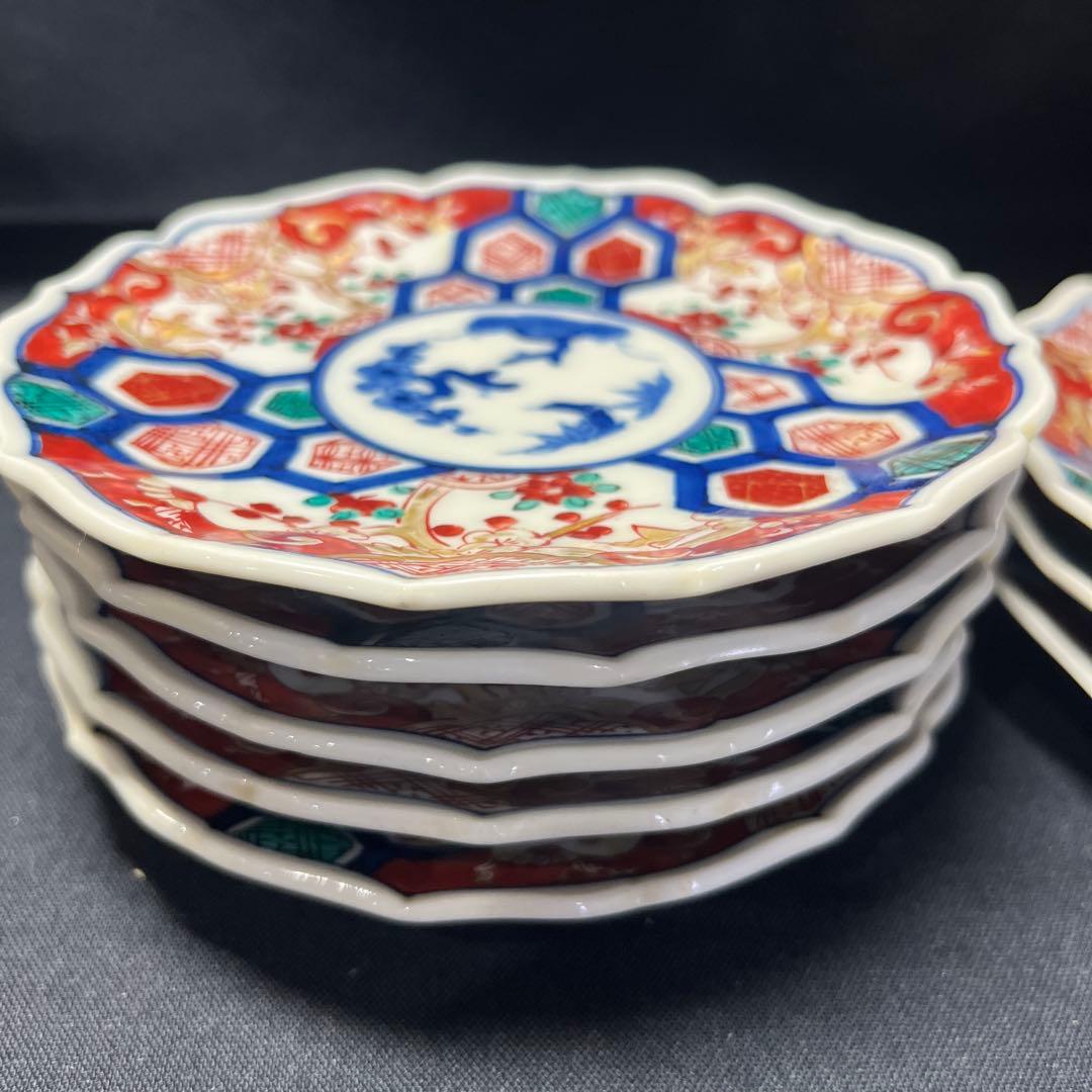 有田焼　古伊万里　可愛い花柄模様 多色花柄八角形皿8枚セット