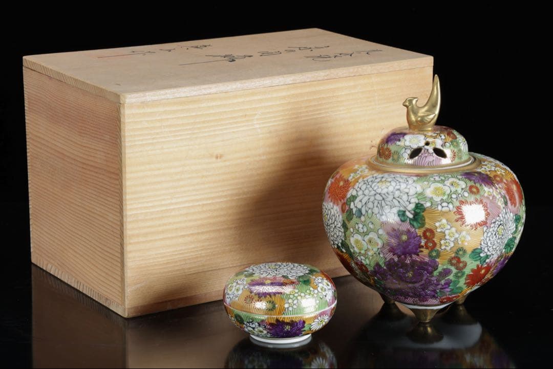 九谷焼 真山作 花詰百花文 香炉 香合セット 共箱 色絵金彩 三足香炉 茶道具