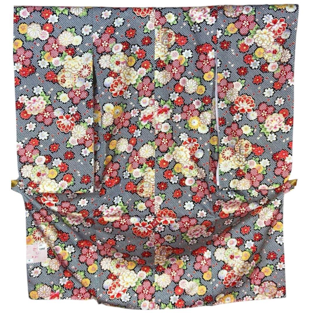 新品 四つ身 着物 172 黒 絞り風 ポリエステル 七五三 長襦袢付き こども