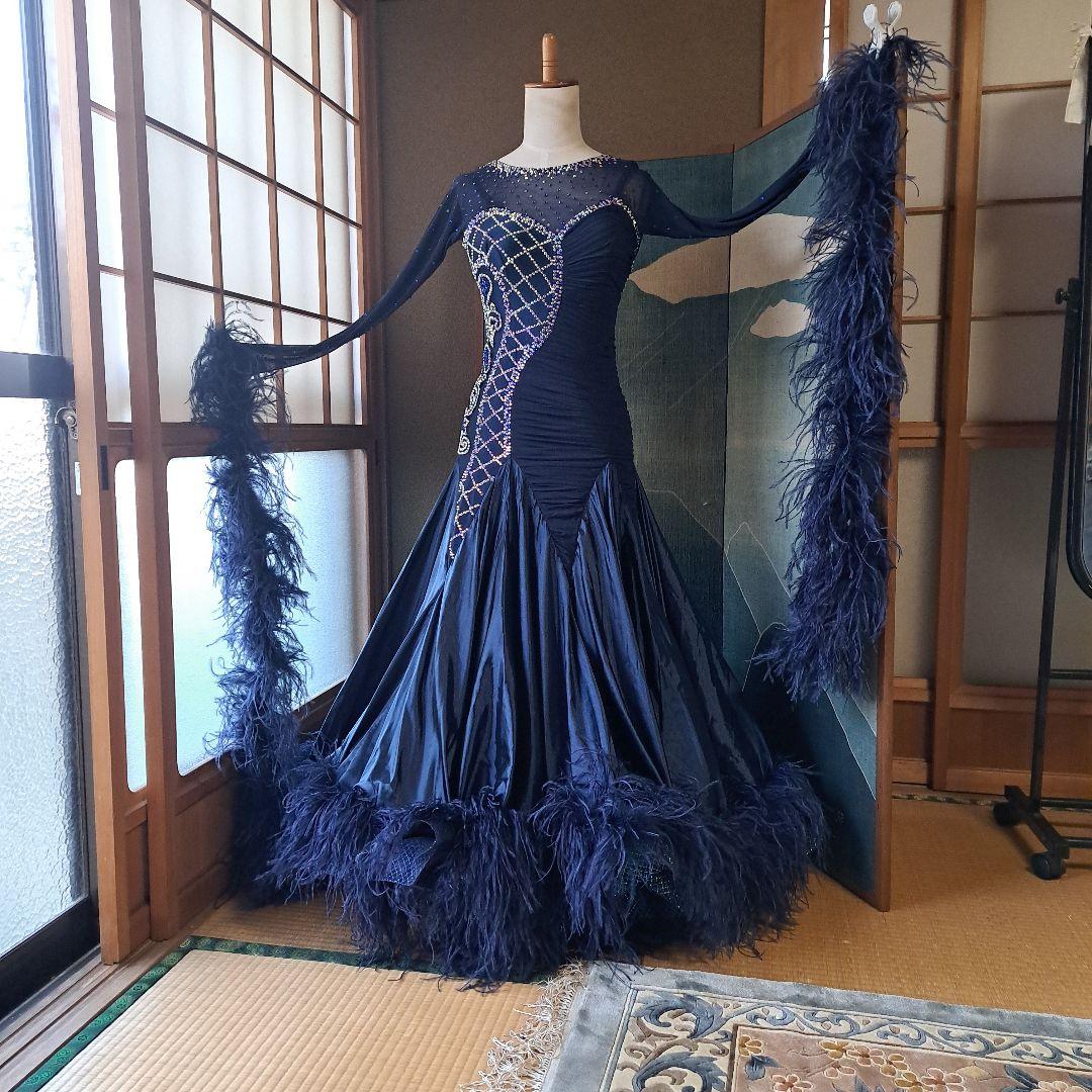 社交ダンスドレス ネイビー 、オーストリッチ、スタンダード