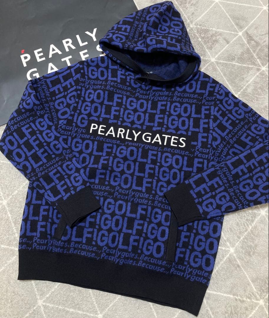 新品 パーリーゲイツ GOLF柄ジャガード ニット フーディ(4)サイズM/紺