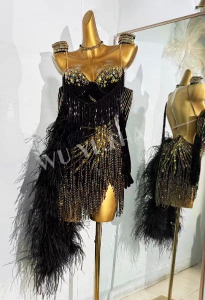 オーダーメイド 社交ダンス衣装　オーストリッチ羽根 ラテンワンピースドレス