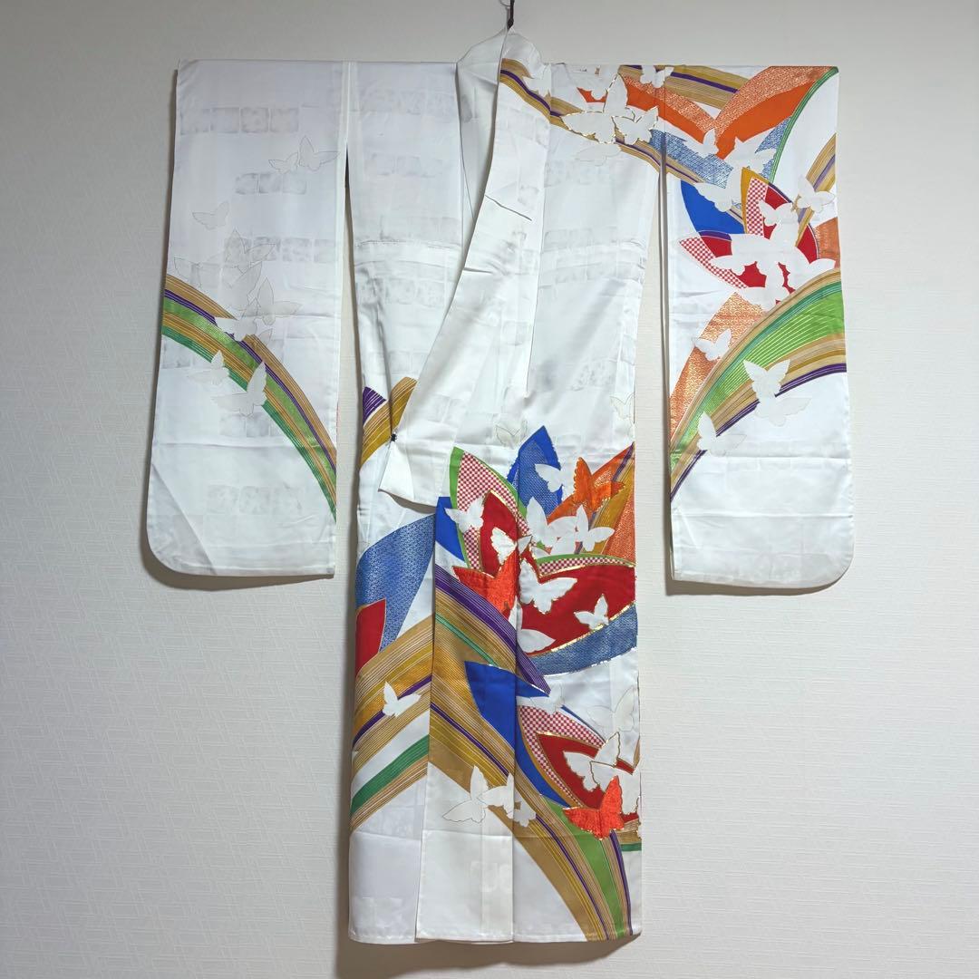 【舞台衣装】 。振袖 蝶々文様 金銀駒刺繍入り 単衣 広衿 身丈約158.5cm
