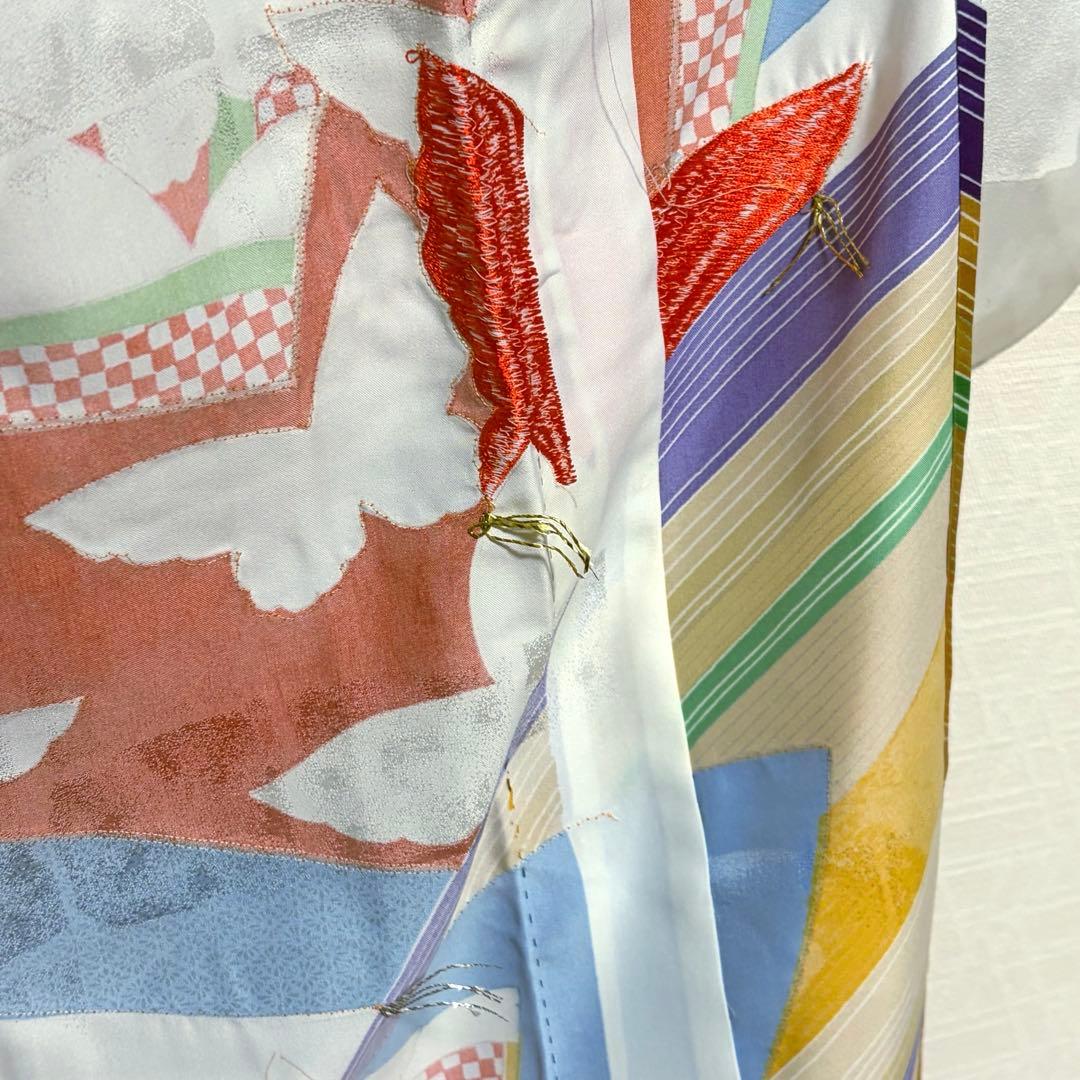 【舞台衣装】 。振袖 蝶々文様 金銀駒刺繍入り 単衣 広衿 身丈約158.5cm