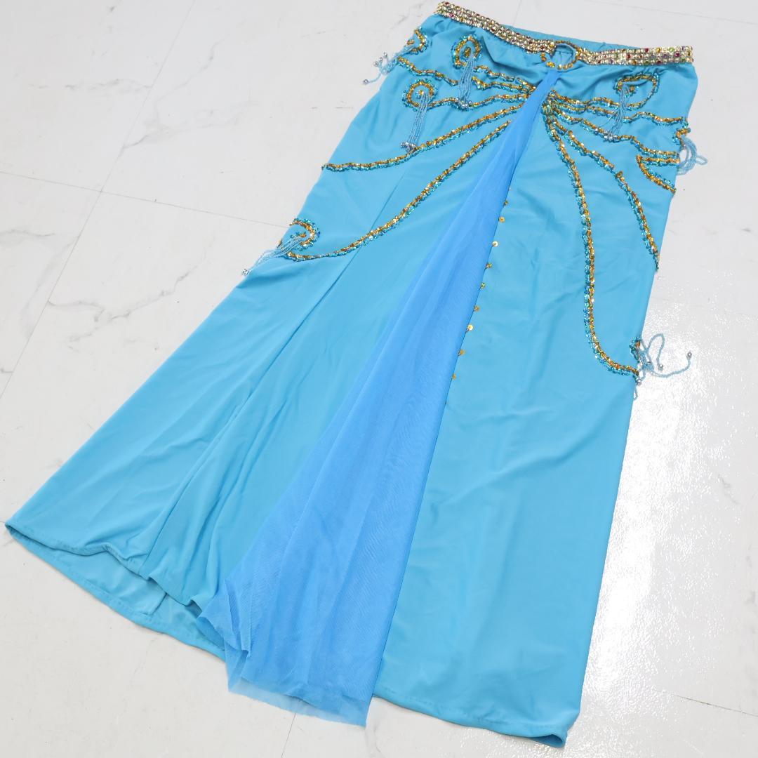 【ベリーダンス用 オリエンタル衣装】水色×ゴールド スパンコールラメ ビーズ