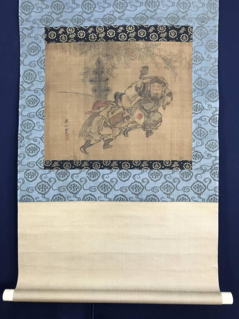 【真作】英一蝶/恵比須大黒図/萬歳図/江戸前期-中期/掛軸/名家伝来AB-840