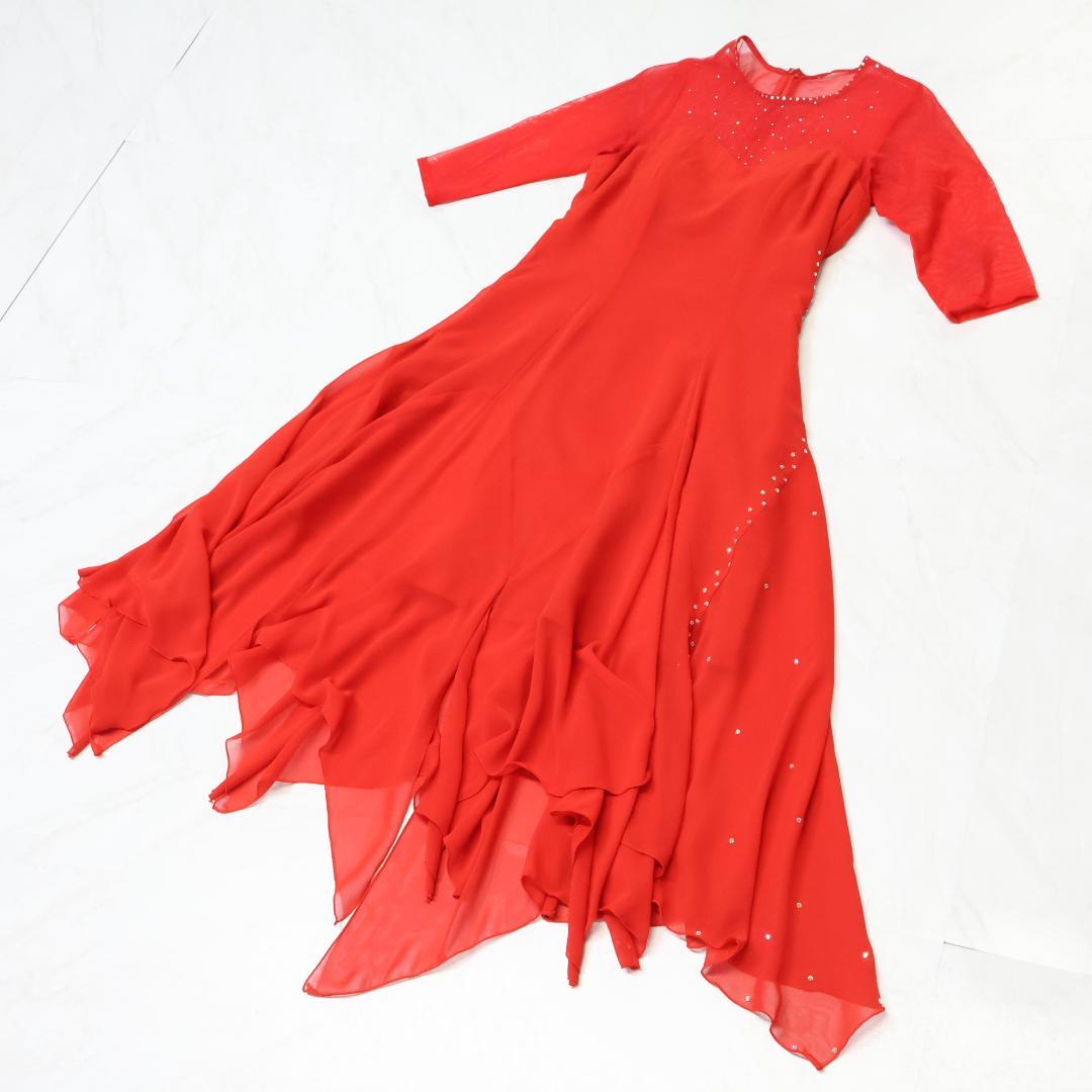 【社交ダンス衣装】レッド ワンピース ドレス 赤 無地 レース 軽い 発表会