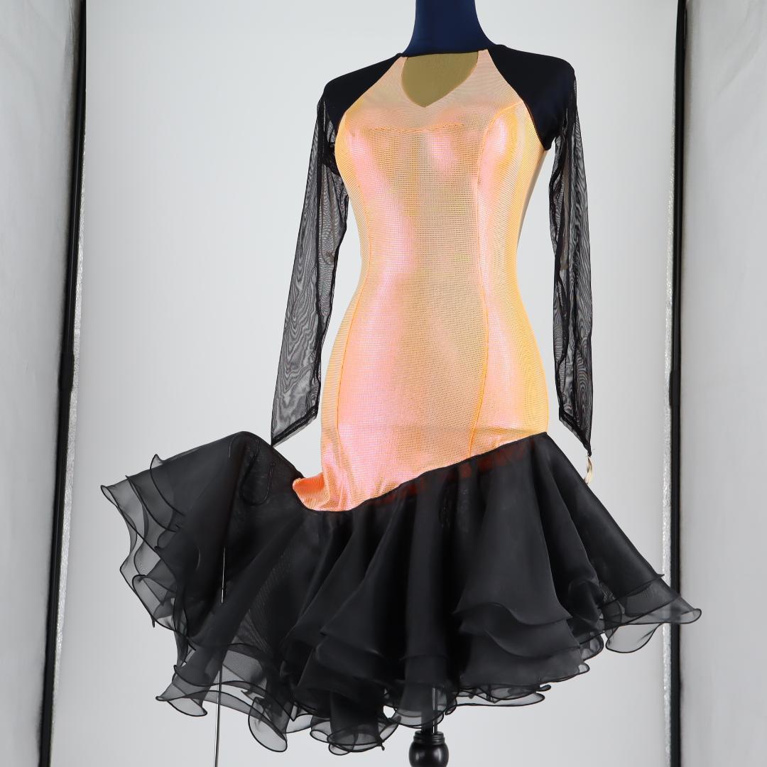 【美品 社交ダンス衣装】オーロラオレンジ×豪華フリル ラテンドレス 胸パット付