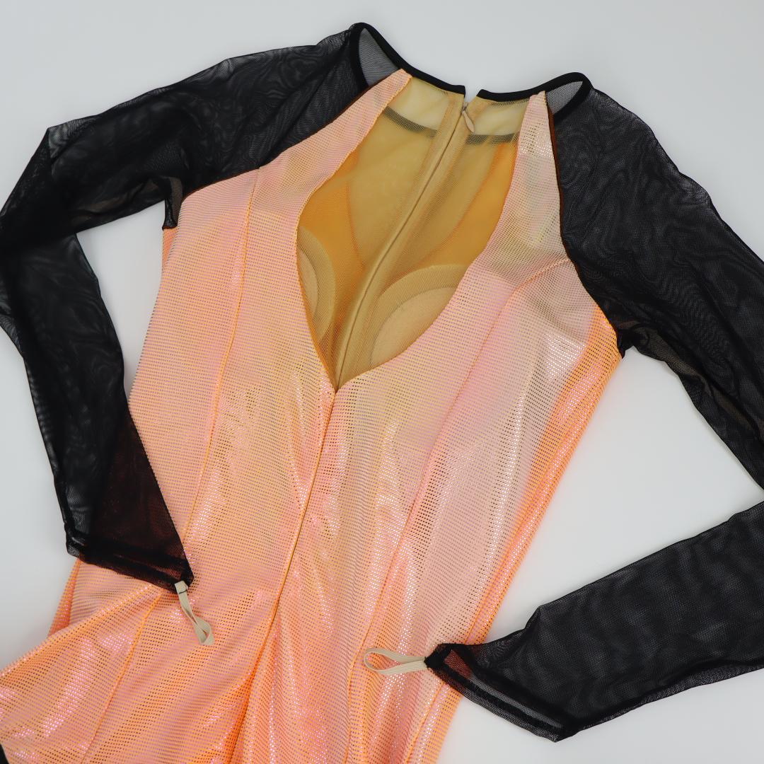 【美品 社交ダンス衣装】オーロラオレンジ×豪華フリル ラテンドレス 胸パット付