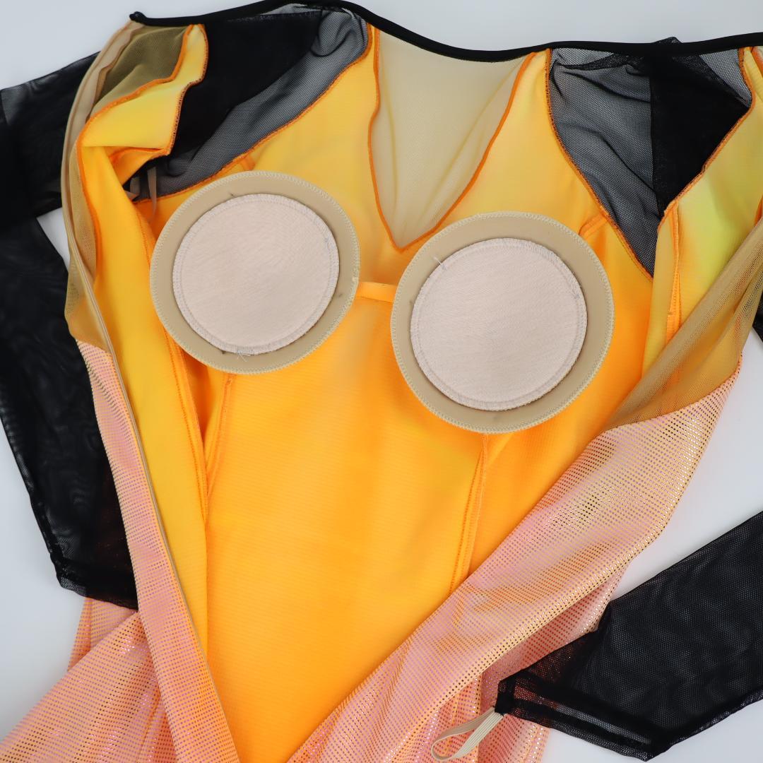 【美品 社交ダンス衣装】オーロラオレンジ×豪華フリル ラテンドレス 胸パット付