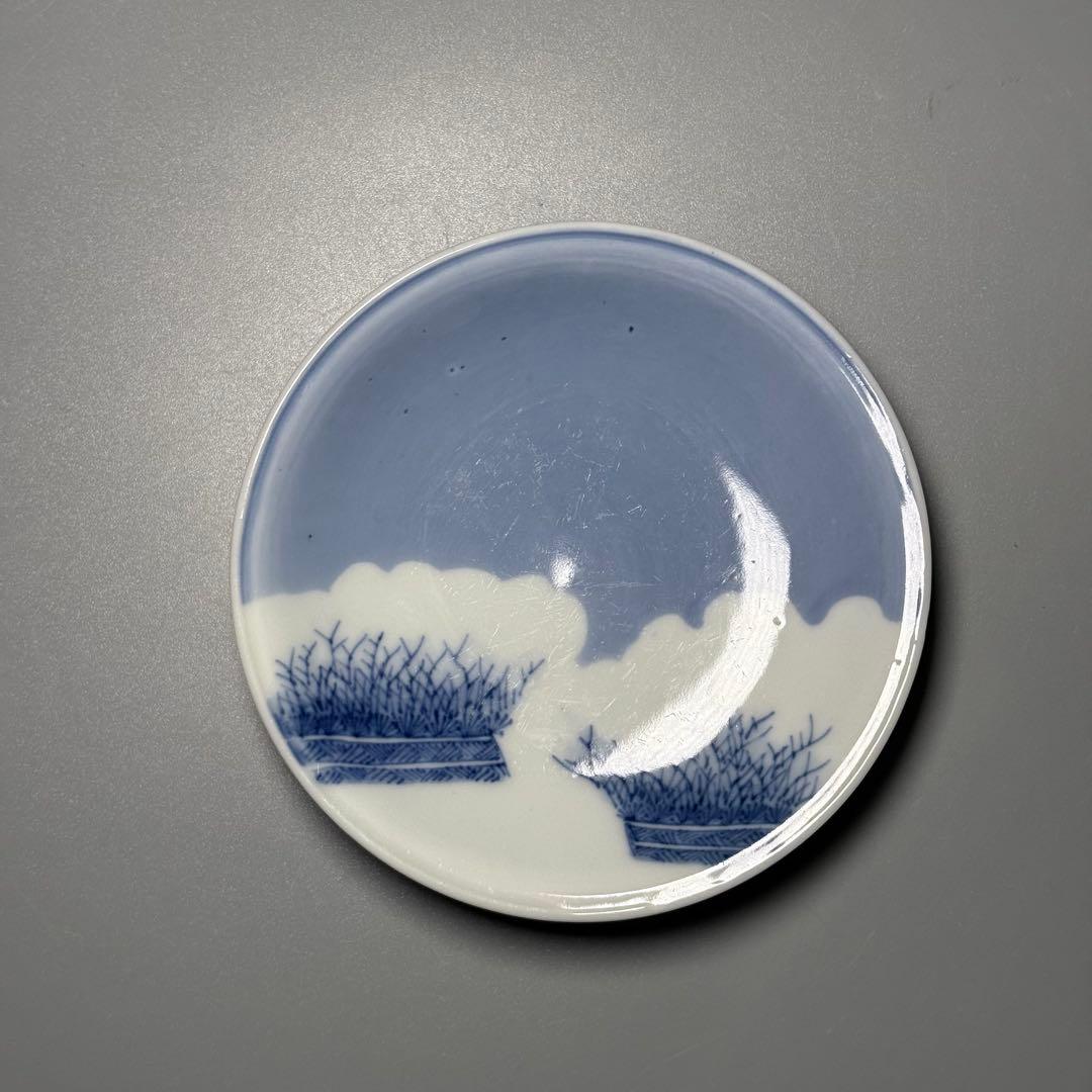 江戸期　後期鍋島　染付雪持柴垣図皿　五枚　直径12cm　高2.3cm