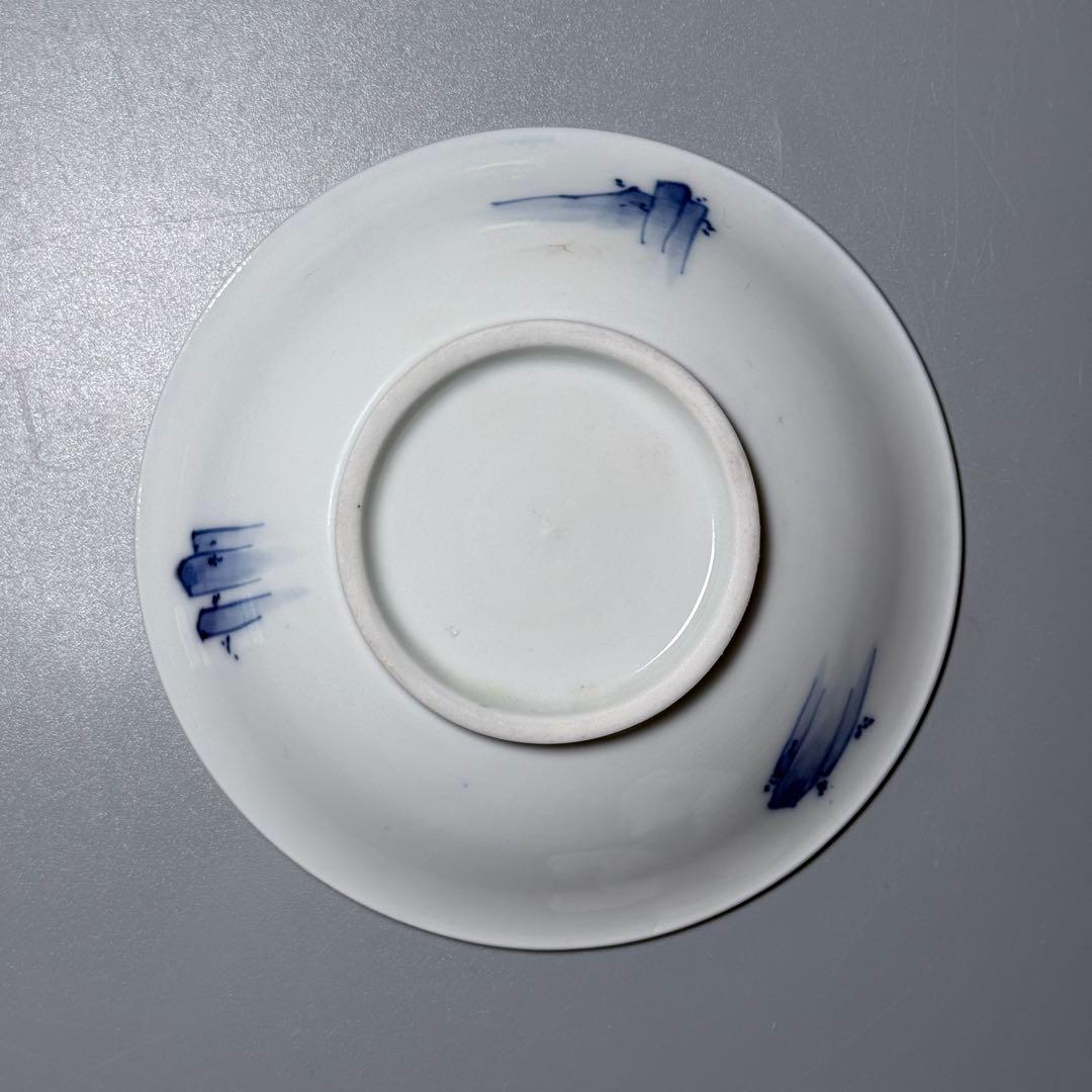 江戸期　後期鍋島　染付雪持柴垣図皿　五枚　直径12cm　高2.3cm