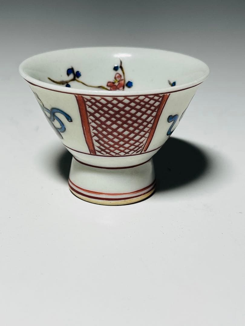 人間国宝 初代 徳田八十吉作 （八十吉銘) 彩絵　酒盃一對